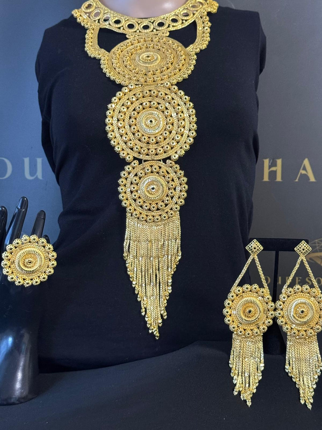 Royal Cascade large Statement Gold Necklace Set